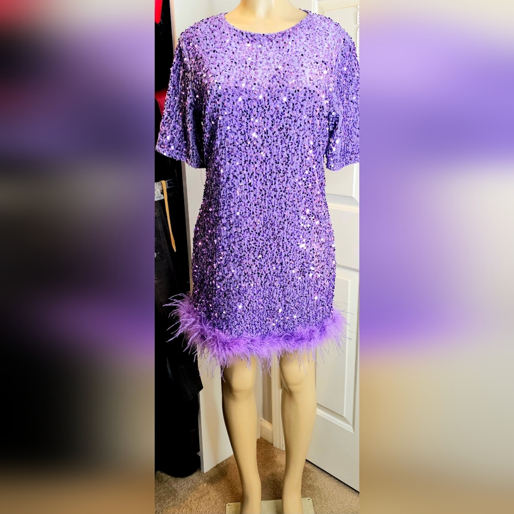 Purple Sequin/Feather Hem Dress